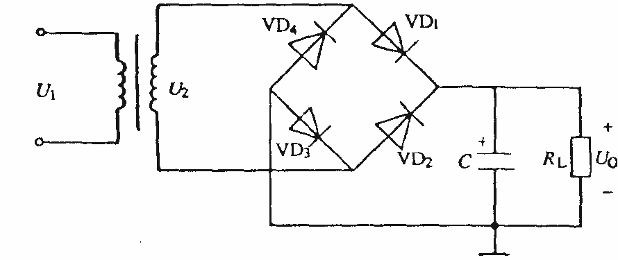 电路如下图所示，已知U2＝20V，RL=47Ω，C＝l000。现用直流电压表测量输出电压U2，RL断
