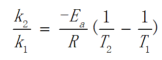 在T1 和T2 两个温度之间的阿累尼乌斯方程可以表示为：