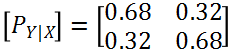 已知BSC的差错率为0.2，将两个这样的BSC串联，则串联信道的转移概率矩阵为 。