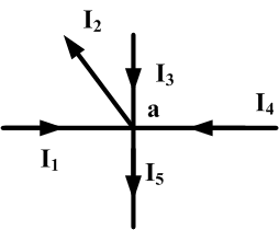 如图所示，给定参考方向，节点a上的各支路电流为I1=1A，I2=-3A，I3=4A，I4=-5A，求