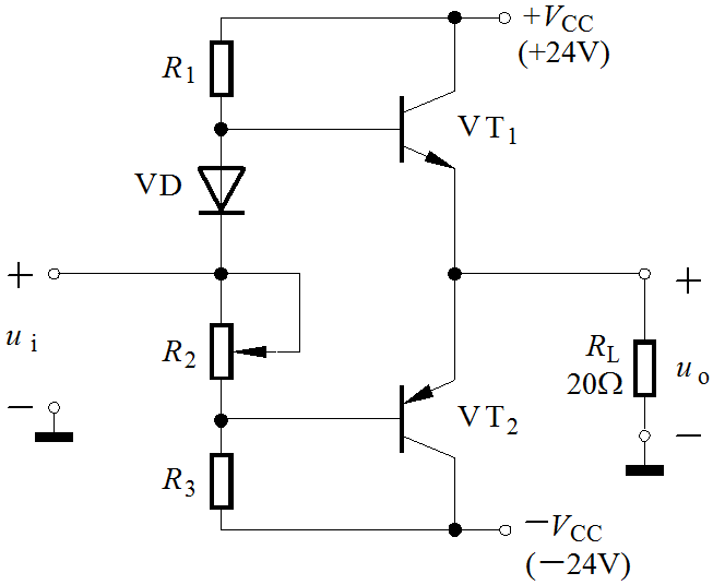 在如图所示OCL电路中，已知三极管的饱和管压降  ，输入电压  为正弦波，试问： 1．负载RL上可能