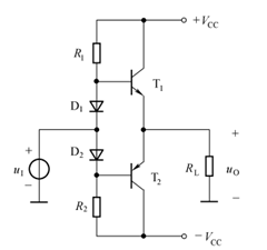 下图电路中，T1和T2管的饱和管压降│UCES│＝2V，VCC＝15V， RL＝8Ω，电路的最大输出