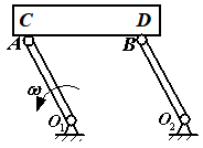 图示为摆式输送机构，已知摆杆O1A=O2B，且O1A║O2B，则当摆杆O1A绕O1轴转动时，送料槽C