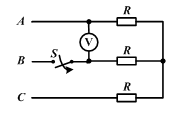 【单选题】对称星形负载R接于对称三相三线制电源上，如图所示，若电源线电压为380V，当开关S打开后，