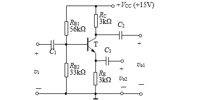 【填空题】下图所示电路能够输出一对幅度大致相等、相位相反的电压。已知bjt的β=80，rbe= 2.