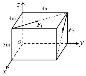 长方体尺寸如图所示，其上作用有F1和F2，且，，则此二力在x轴上投影的代数和为 