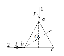 电流I由长直导线1沿垂直bc边方向经a点流入由电阻均匀的导线构成的正三角形线框，再由b点流出，经长直