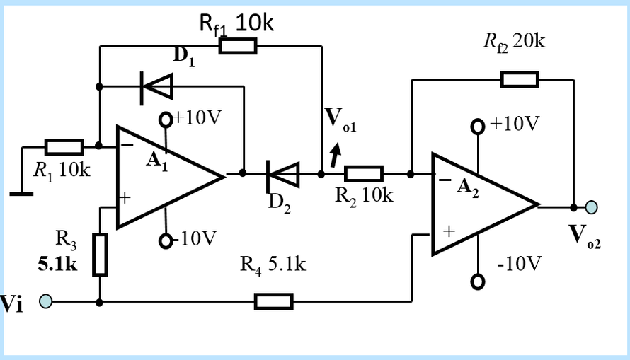 根据如下原理图搭建电路，已知输入信号Vi是偏置为0V，峰峰值为4V的正弦信号，频率50Hz。运放工作