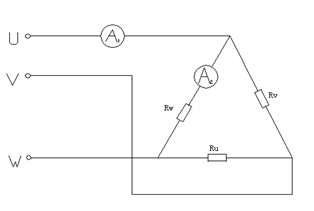 【计算题】如图T4.1所示电路，负载为三角形，各相的电阻相等，Ru=Rv=Rw=10Ω，电源电压为3