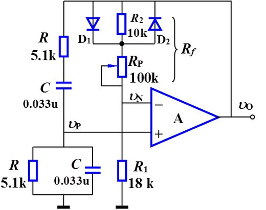 如图所示，当电源电压能够保证运放正常工作时，电路直流电源电压的大小对电路的起振没有决定性作用。