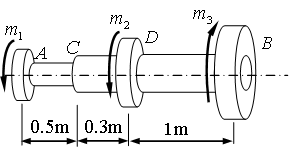 阶梯圆轴AC段和CB段直径分别为，，轴上有三个轮子如图示，已知轮==1.5kN.m，=1.1kN.m