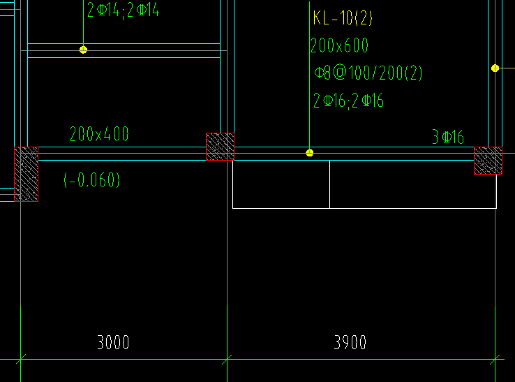 计算图中抗震框架梁钢筋的长度KL10的长度； 已知锚固长度lae=34d，两侧支座宽度均为500，混