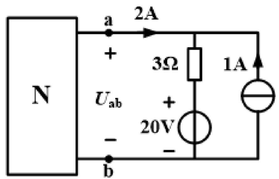 电路如图所示，N是有源二端网络， a、b间电压为（）  提示：如下图所示 