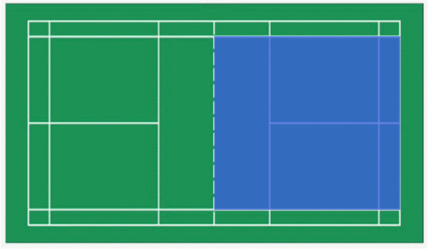 【单选题】以下选项的图示中，中间虚线代表球网，那么哪一个色块区域是羽毛球双打比赛中击球的有效区域？（