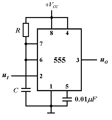 如图所示电路，已知R=20kΩ，C=0.05μF，其输出脉冲宽度为（）。 