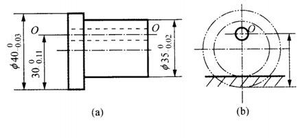 工件尺寸如图所示，Φ40与Φ35同轴度公差为Φ0.02mm。欲钻孔O，并保证尺寸30（上偏差0，下偏