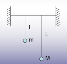 如图所示，两个质量分别为  和  的单摆悬挂到一根钢丝上，起初它们都静止，现在使  偏离平衡位置一个