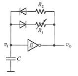 由施密特触发电路构成的多谐振荡器如图1所示，则该电路的输出矩形波的占空比q描述正确的是 。 