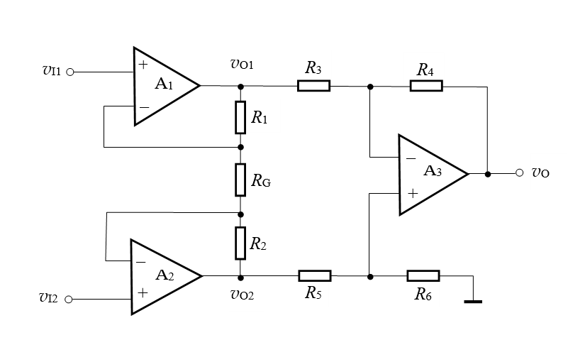 【填空题】仪用放大器的原理电路如下图所示，设图中所有运放均为理想的。若R1=R2=R，R3=R5，R