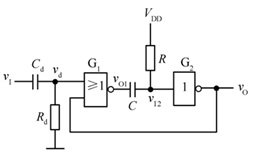 下图所示单稳态触发电路中，要改变输出信号VO的脉冲宽度，可以通过调节 来实现。 