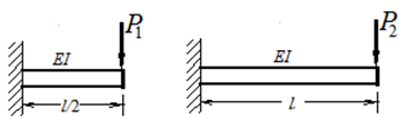 图示两梁的抗弯刚度EI相同，若两者在自由端的挠度相同，则P1/P2= 。