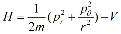 一个质点做平面运动，如用平面极坐标系的参量（r ,θ）作为广义坐标来描述其运动，则相应的哈密顿函数为
