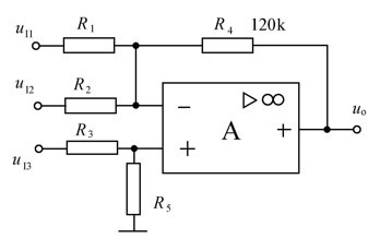 运放组成的放大电路如图题7.13所示。A1 、A2和A3都是理想运放。已知输出电压uo＝6uI3－3