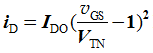 当N沟道增强型 MOS管工作在恒流区时，漏极电流iD的数学表达式为____。