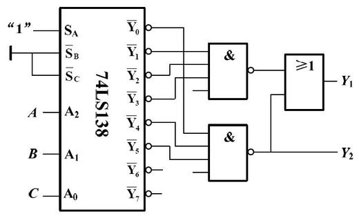 图示电路中Y2和Y1的最简逻辑表达式分别为 和 。 