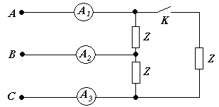 【单选题】图示电路中，电源三相对称。当开关K闭合时，电流表的读数均为5A。求：开关K打开后各电流表的