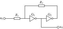 由CMOS反相器构成的施密特触发器如下图所示，已知反相器的供电电压  ，  ，CMOS反相器的阈值电