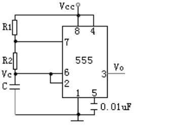 由555定时器构成的电路如下图,关于电路的描述正确的有