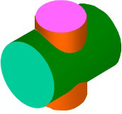 两个圆柱体相贯穿,共同外切于同一球体,相贯线为两条椭圆曲线