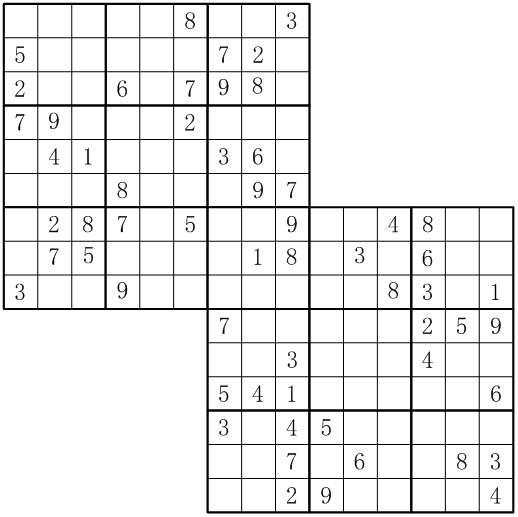 解决下图中的连体数独问题(交叉重叠部分同时满足2个数独要求),并总结