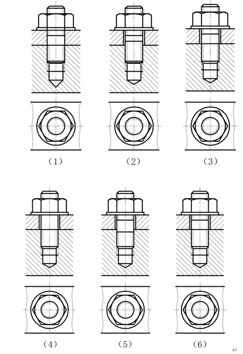 判断下列所绘制的双头螺柱连接的两视图中,正确的一组视图是